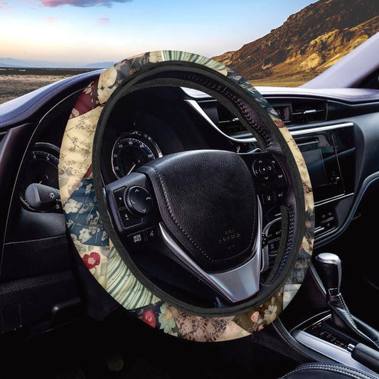 Patchwork look (PRINTED ONLY) retro floral Steering Wheel Cover, shabby chic, flower pattern, new car gift idea