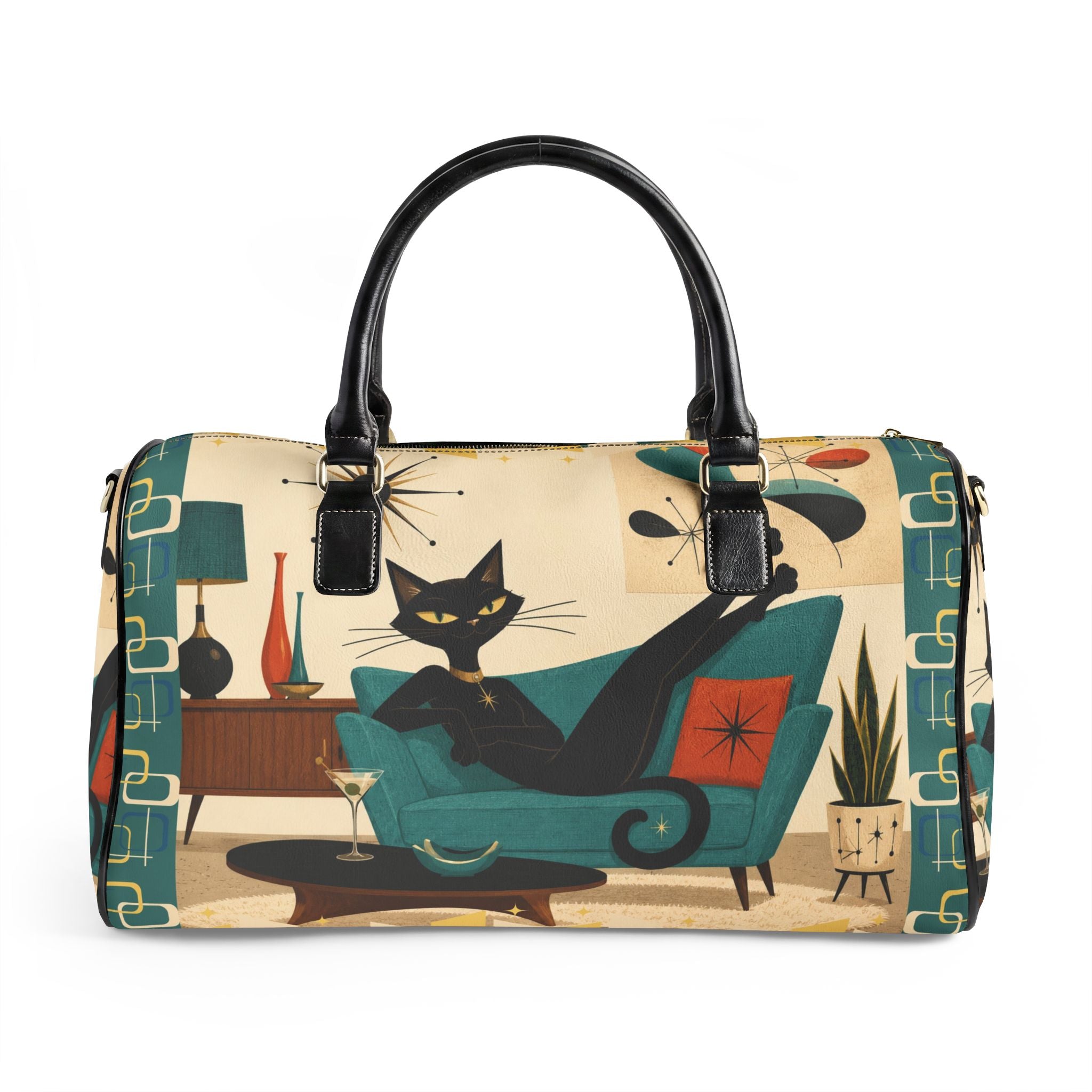Retro Lounge Atomic Cat Faux Leather Travel Bag | Mid Century Modern Cat Design