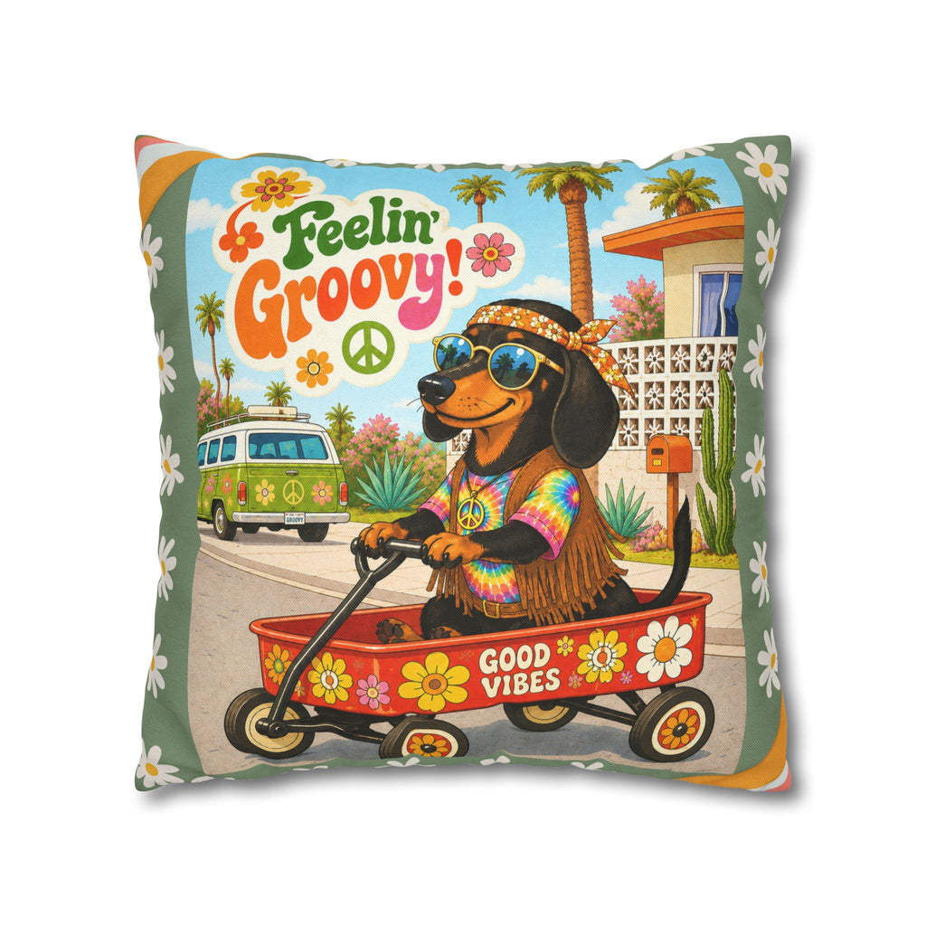 Feelin' Groovy retro Dachshund Pillowcase | 60s 70s pattern Square Decorative Pillow