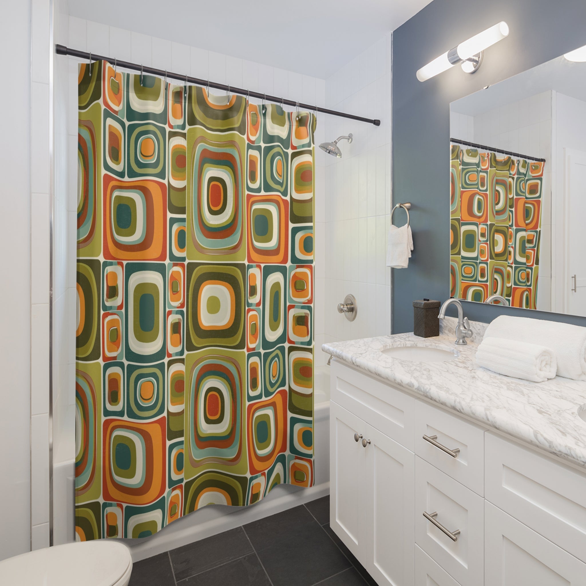 Groovy retro green and orange shapes Shower Curtain, retro bathroom, 60s 70s inspired design, funky shower curtain