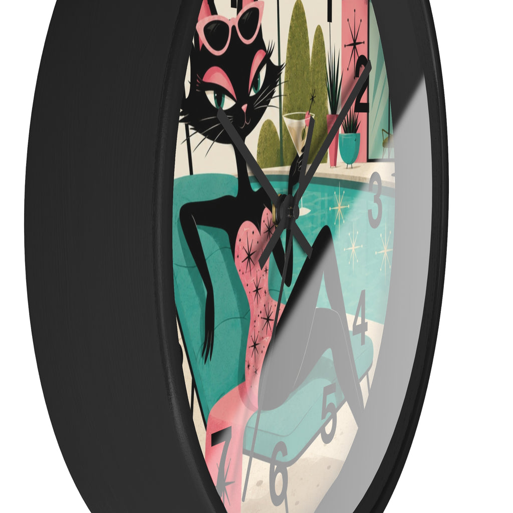 Retro Atomic Cat Lounge Wall Clock | Mid Century Modern Poolside Cat Art
