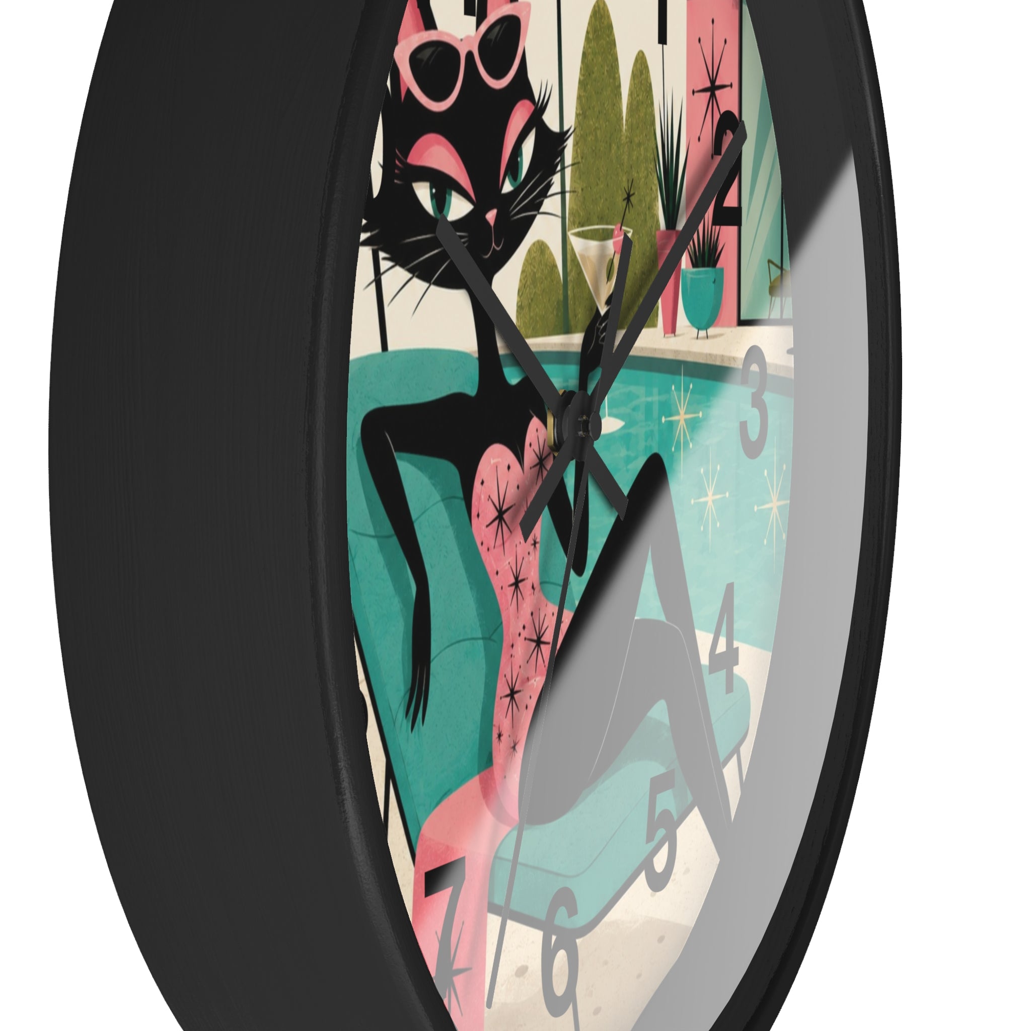 Retro Atomic Cat Lounge Wall Clock | Mid Century Modern Poolside Cat Art