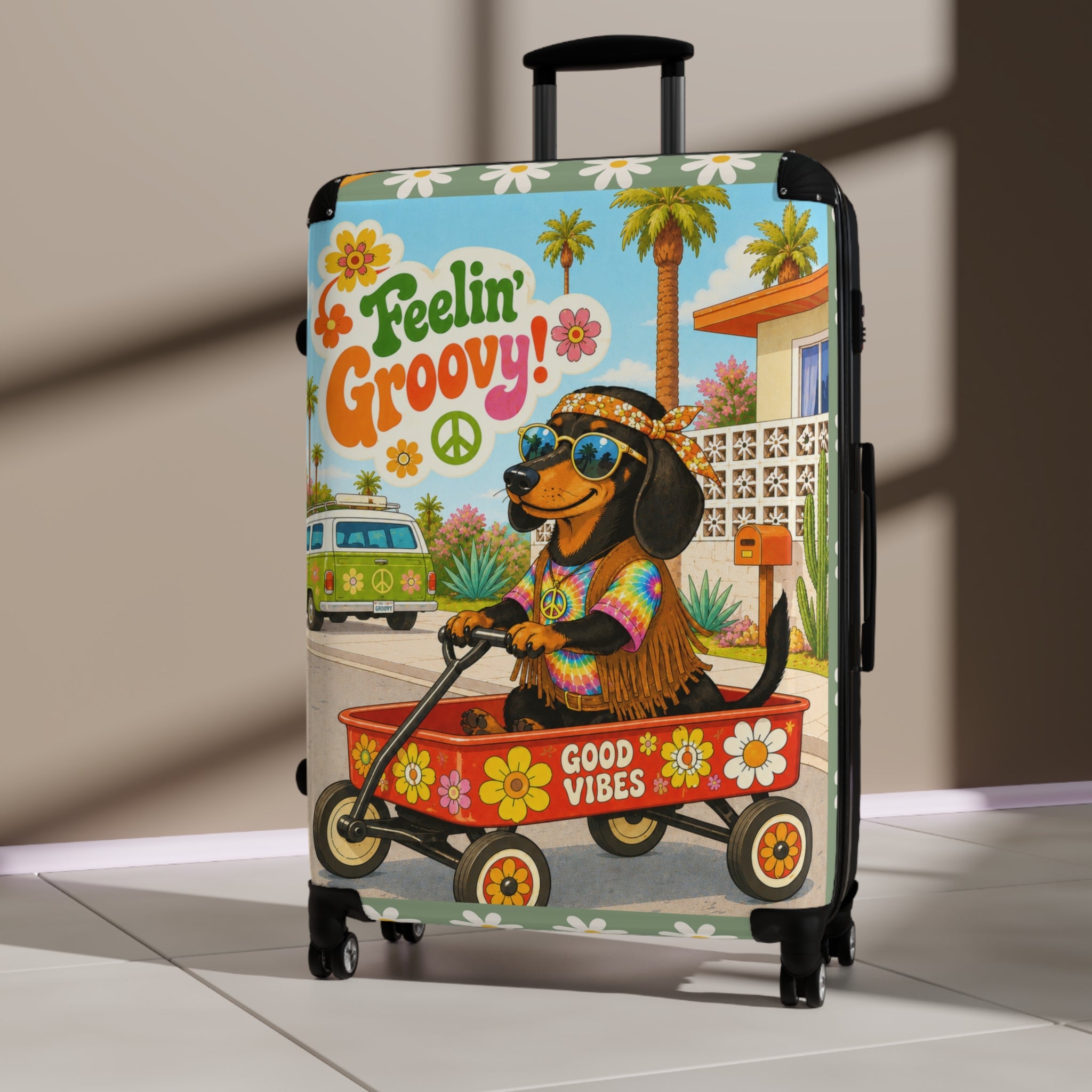 Feelin' Groovy Dachshund in Wagon Suitcase | Retro Hippie Good Vibes Travel Luggage