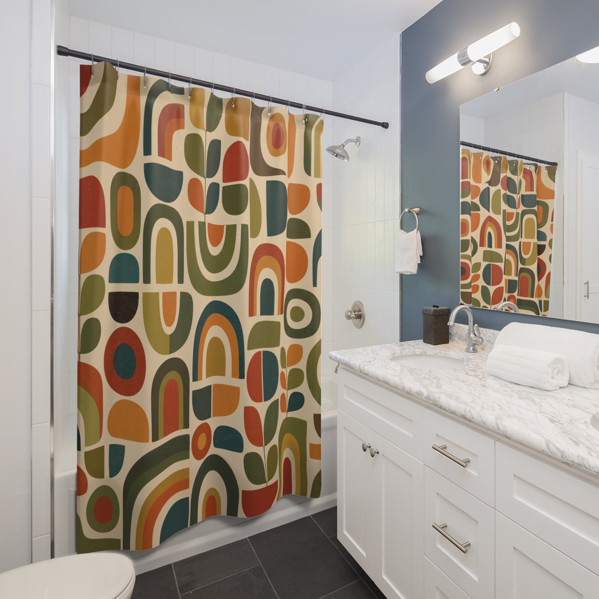 Mid Century Abstract Geometric Shower Curtain | Retro Rainbow Shapes