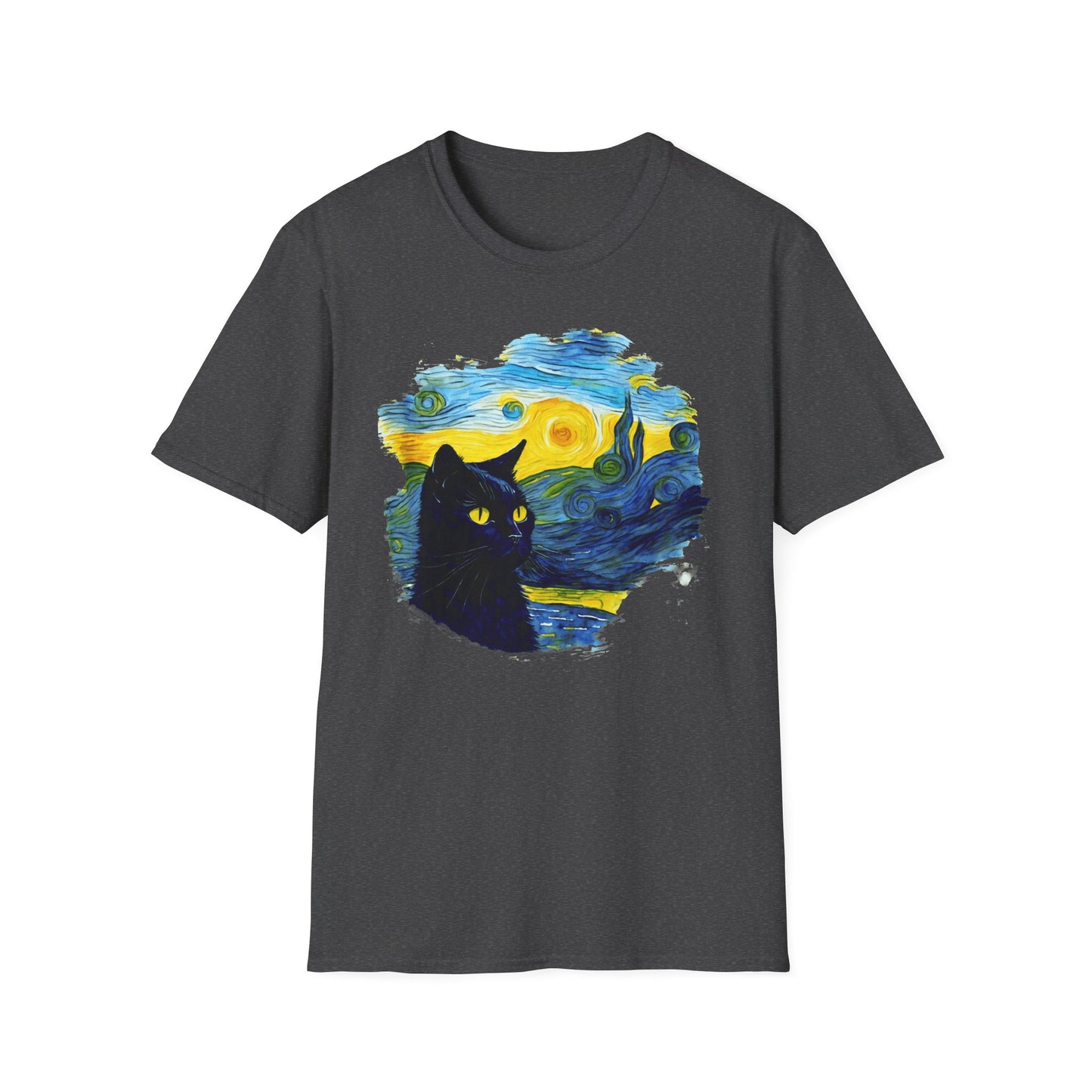 Cute black Cat with Van Gogh inspired Unisex Softstyle T-Shirt