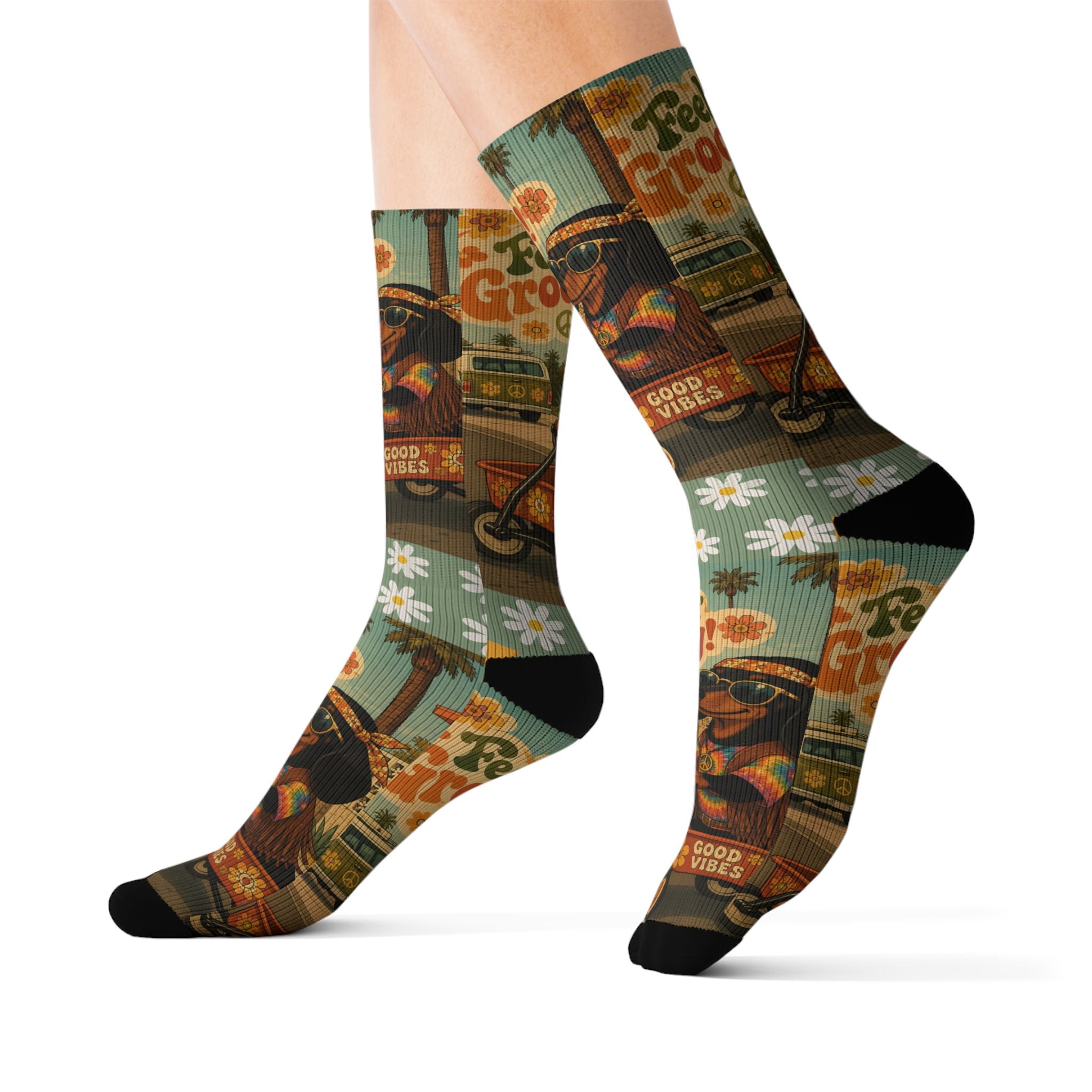 Feelin' Groovy Retro Dachshund Illustration Socks | Vintage Hippie Floral Pattern