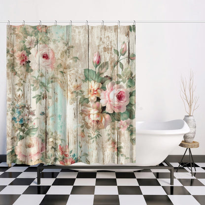 Rustic woodgrain look floral shabby chic style Quick-drying Shower Curtain