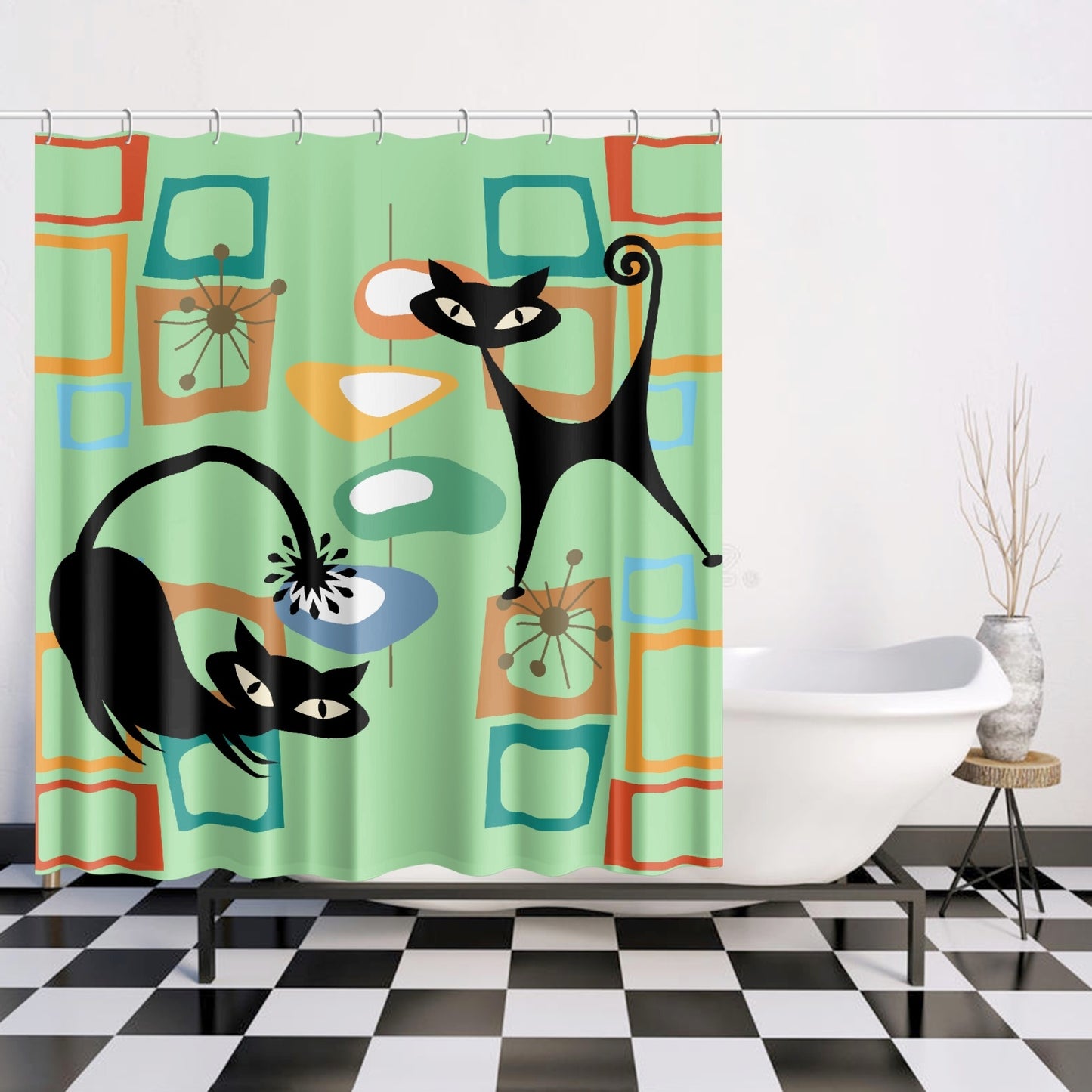 Atomic cat Mid Century Modern green. Quick-drying Shower Curtain, retro bathroom, 50s 60s inspired design