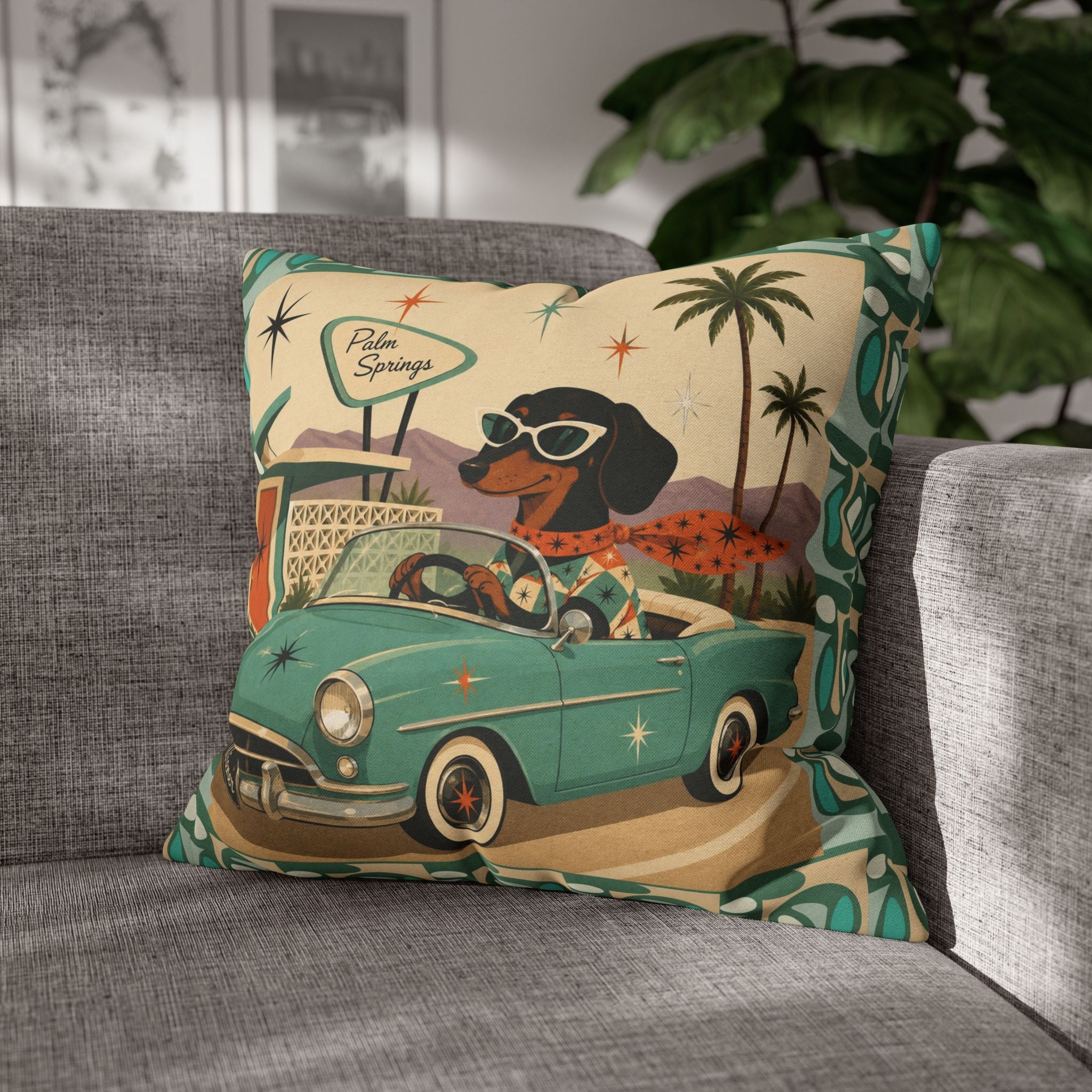 Retro Dachshund Driving Convertible Pillowcase | Palm Springs Vintage Car - COVER ONLY