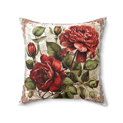 Vintage red peony roses shabby chic style Spun Polyester Square Pillow, valentines gift, floral home decor