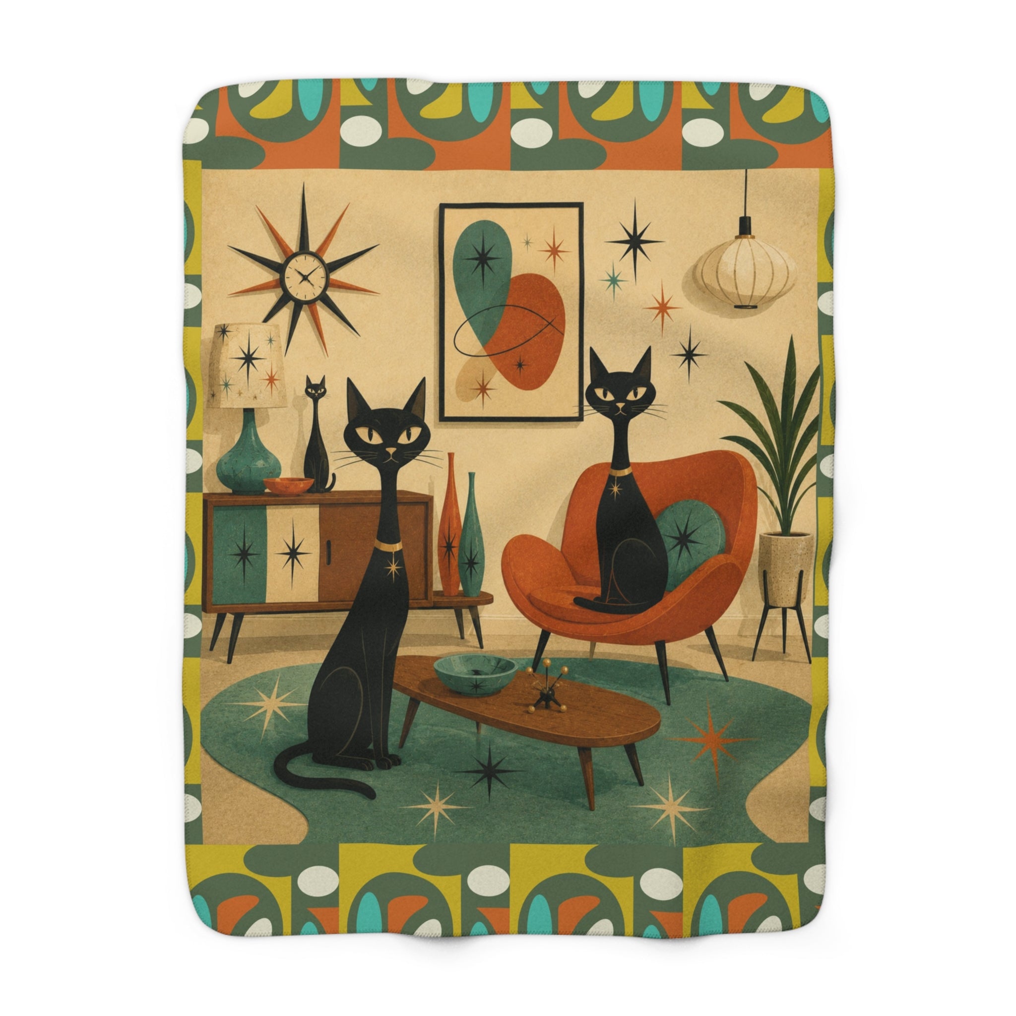 Mid Century Modern Atomic Black Cats Sherpa Fleece Blanket | Retro Atomic Living Room