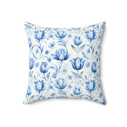 Blue and white floral Dutch Delft design Square Pillow, floral, Farmhouse, country cottage, scatter throw cushion