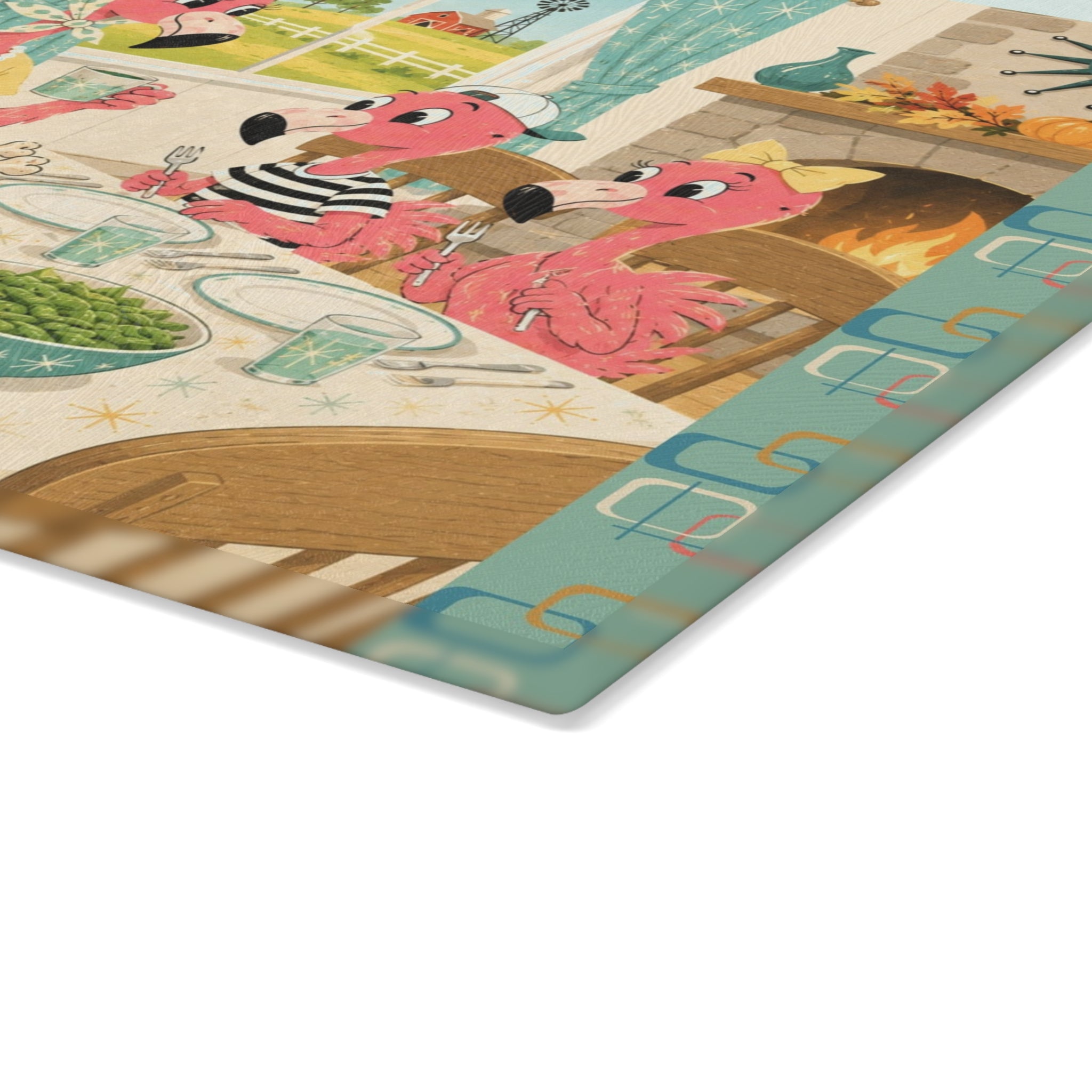 MCM Flamingo Family Thanksgiving Glass Cutting Board | Holiday Kitchen Decor