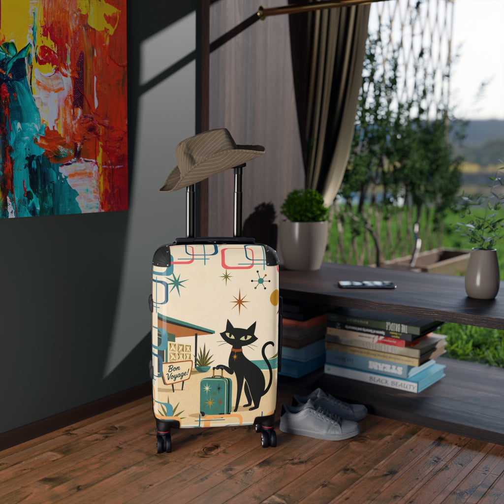 Retro Black Atomic Cat Beach Suitcase | Mid Century Travel Luggage