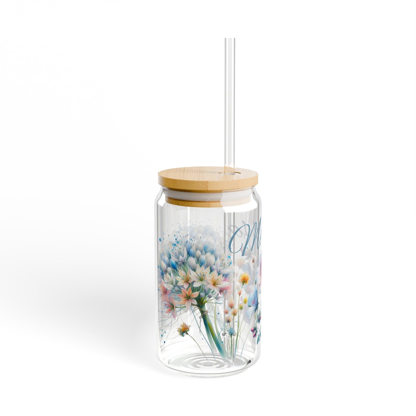 Personalized floral name Sipper Glass, 16oz, wildflowers glass, cute coffee cup, iced coffee glass with lid and straw