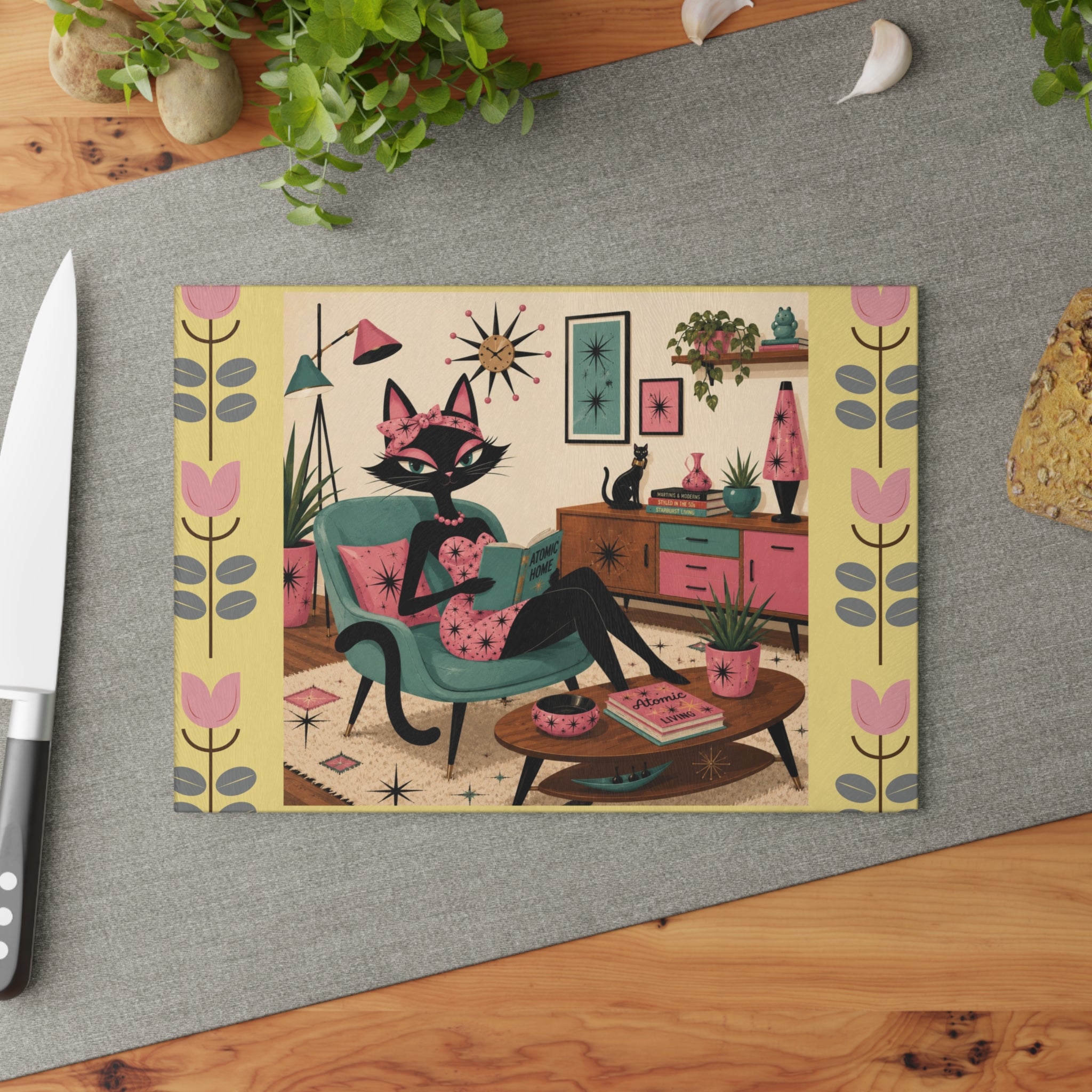 Retro Lounge Atomic Cat Glass Cutting Board | Mid Century Kitchen Decor