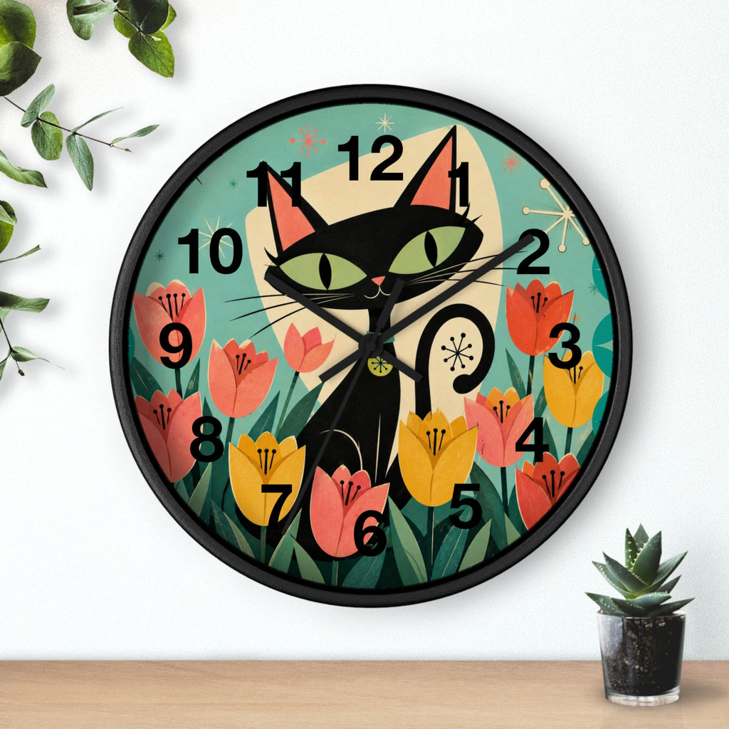 Atomic Black Cat in Tulips Wall Clock | Retro Cat Illustration, Spring Floral