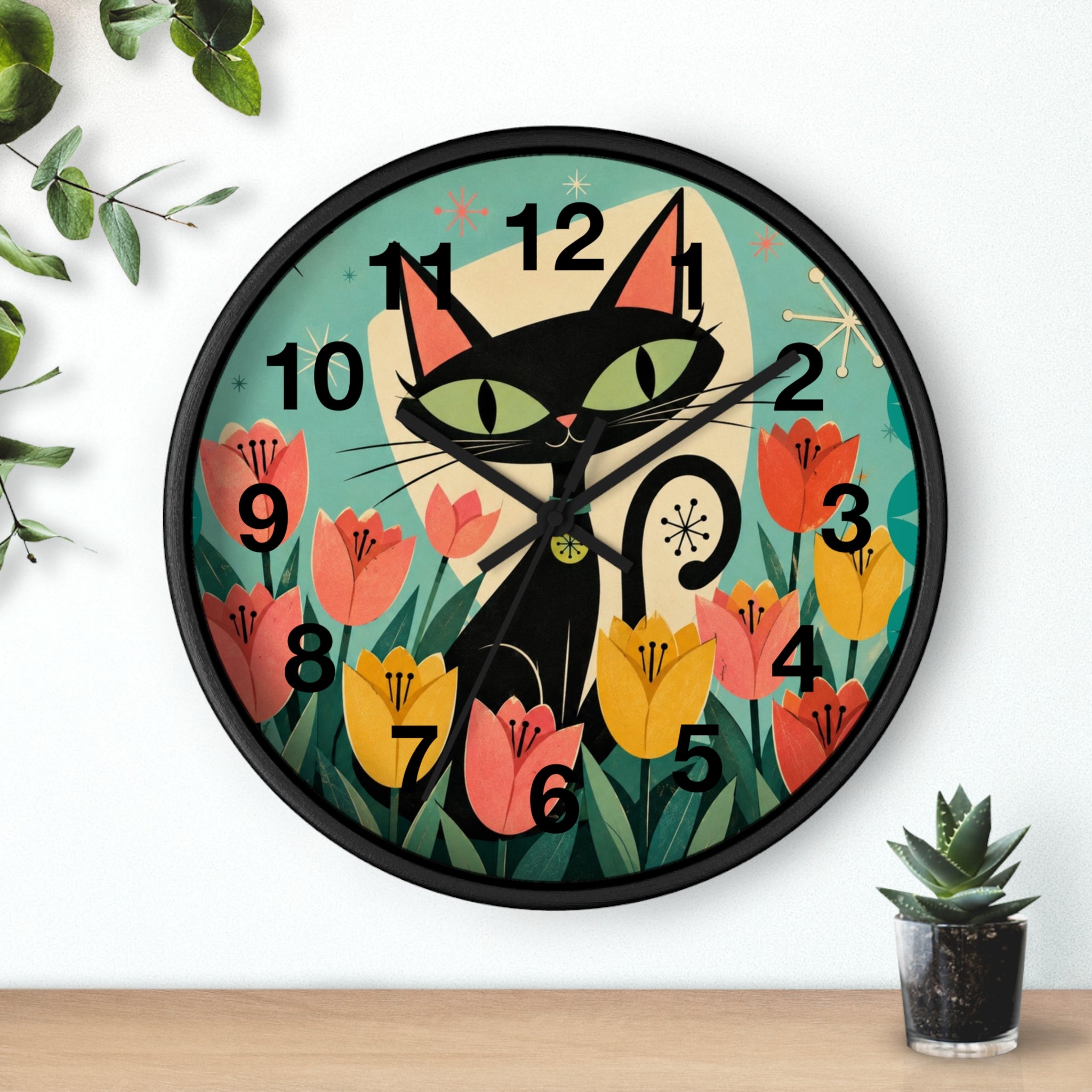 Atomic Black Cat in Tulips Wall Clock | Retro Cat Illustration, Spring Floral