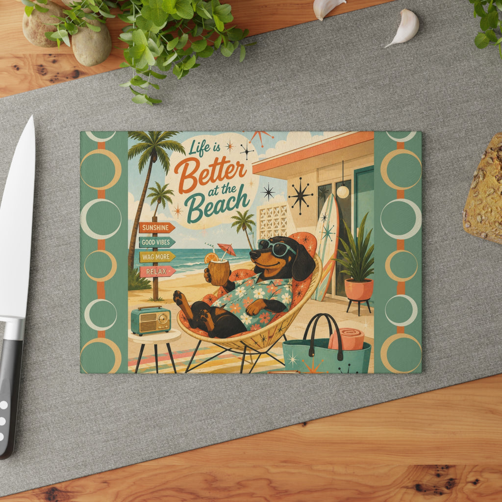 Life Is Better at the Beach Dachshund Glass Cutting Board | Retro Beach Scene
