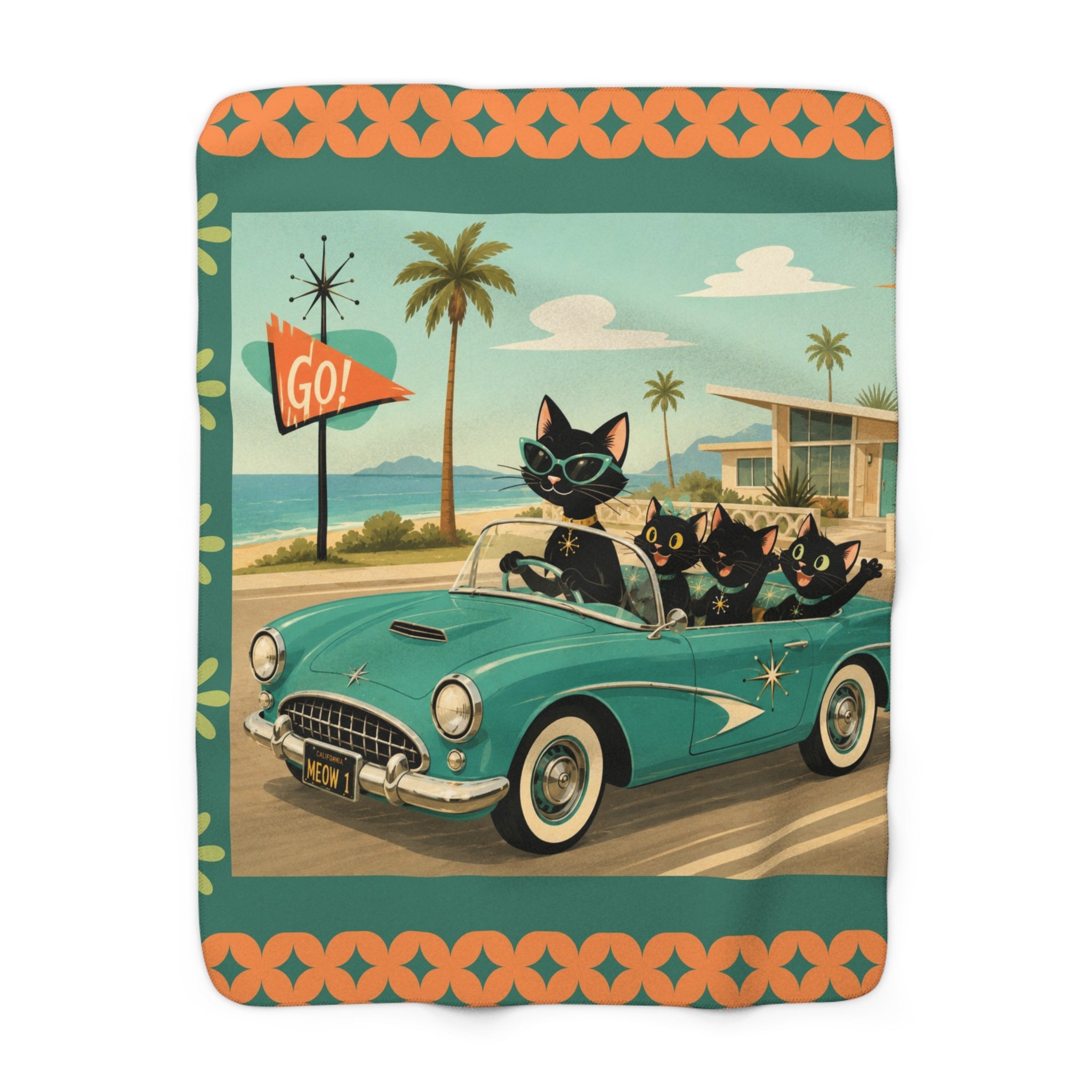 Retro Black Atomic Cats Driving Convertible Sherpa Blanket | Vintage Beach Roadtrip