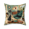 Mid Century Atomic Black Cats Pillow | Retro Living Room Cat Illustration