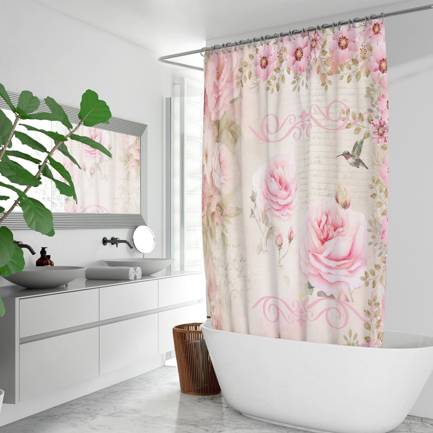 Shabby chic style pink flowers Quick-drying Shower Curtain, French vintage inspired, floral, Farmhouse, bathtub stall shower curtain