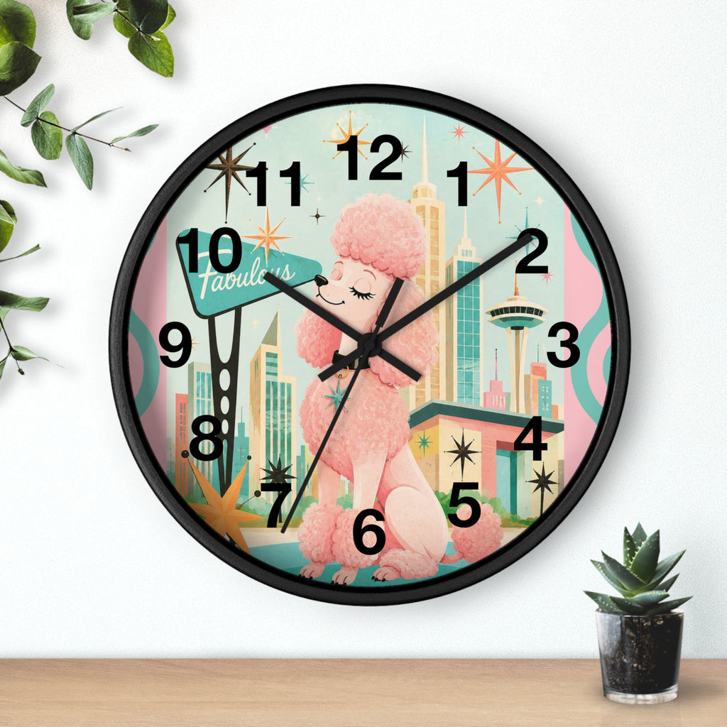 Pink Retro Poodle Wall Clock | Mid Century Atomic City Scene