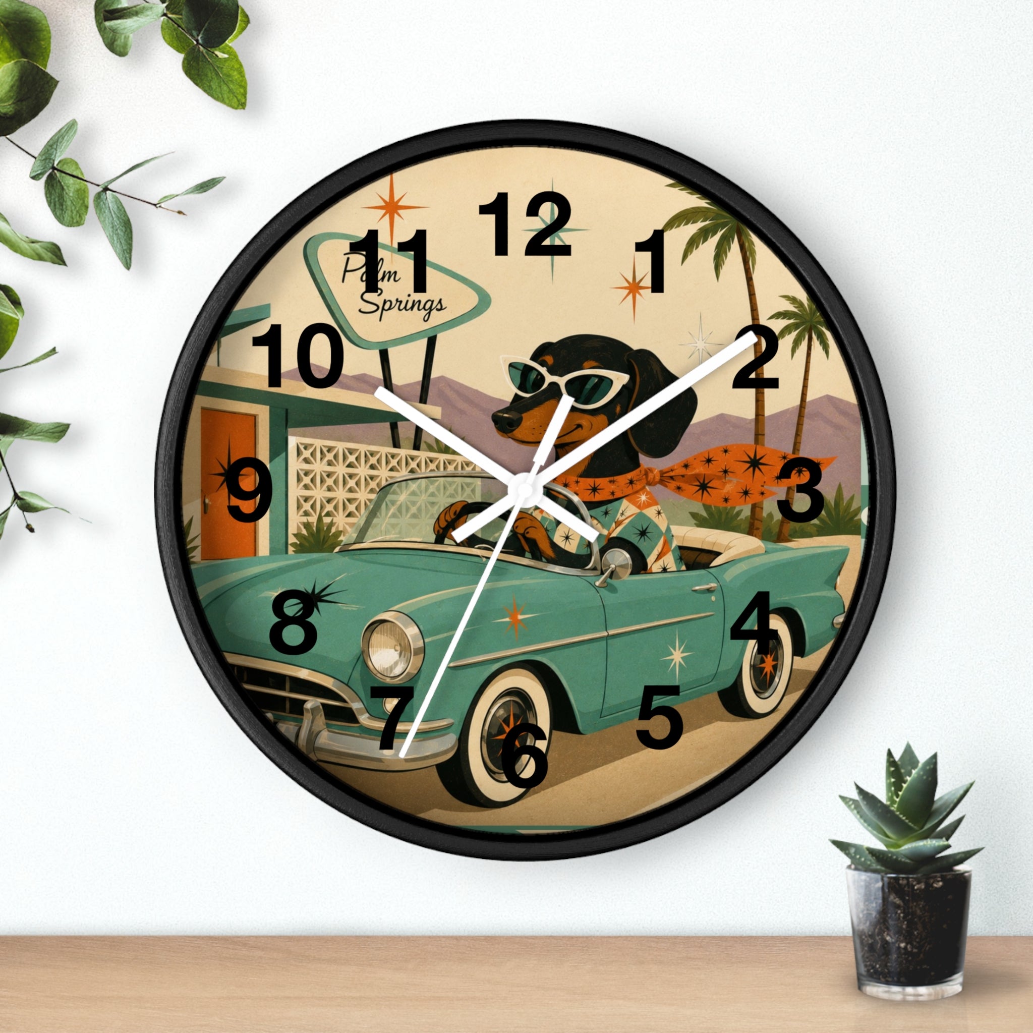 Dachshund Retro Roadtrip Wall Clock | Mid-Century Palm Springs Art