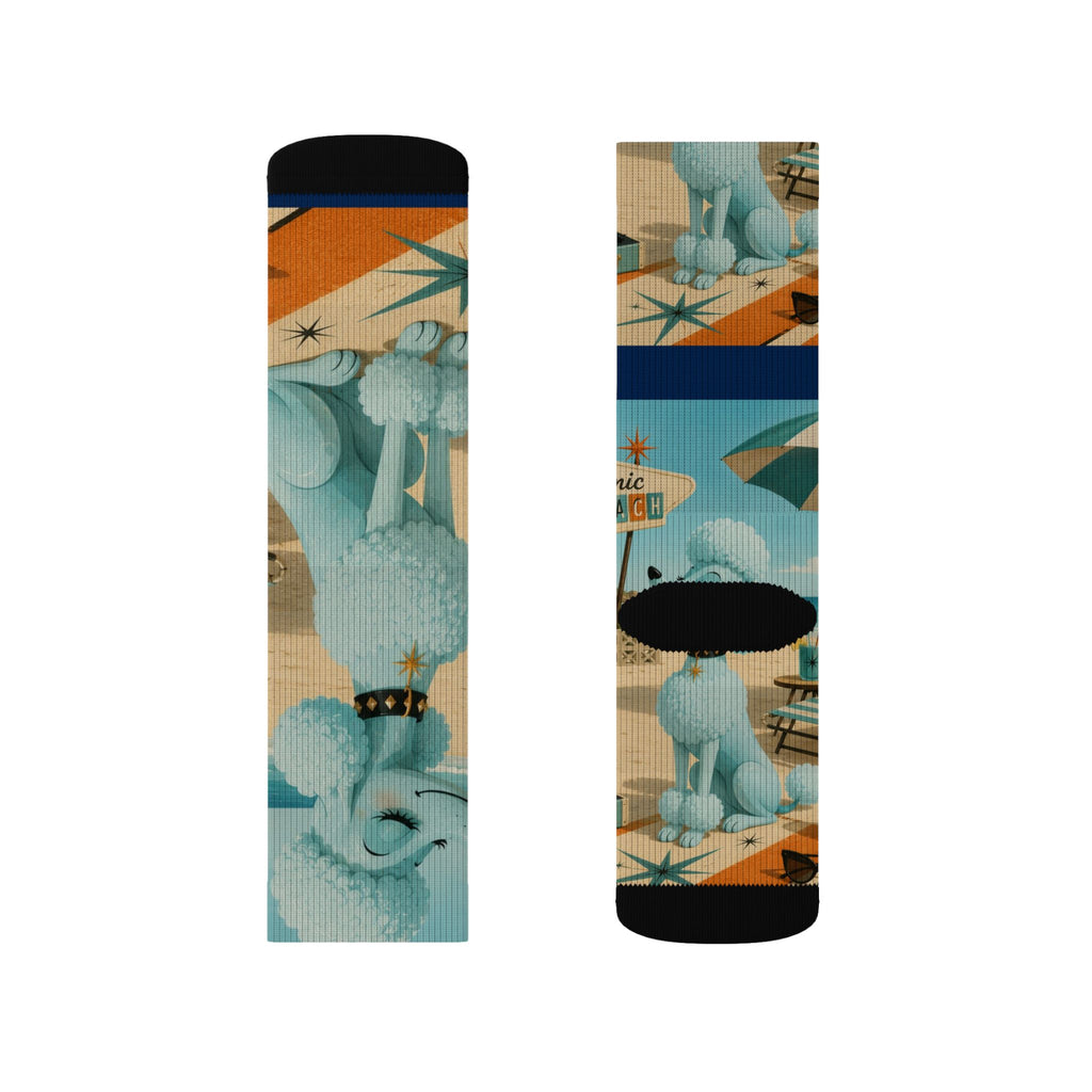 Blue Retro Poodle Pattern Socks | Novelty Mid Century Crew Socks