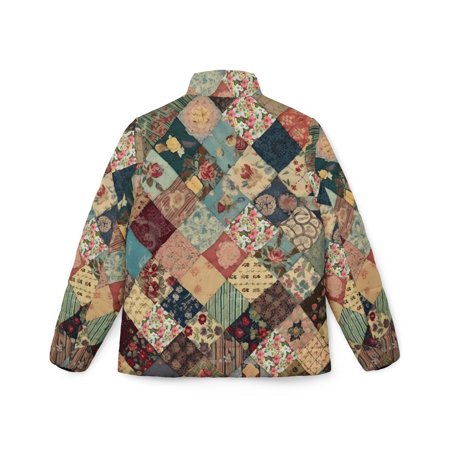 Retro inspired Patchwork (PRINTED LOOK ONLY) Womens Puffer Jacket, floral ladies Jacket