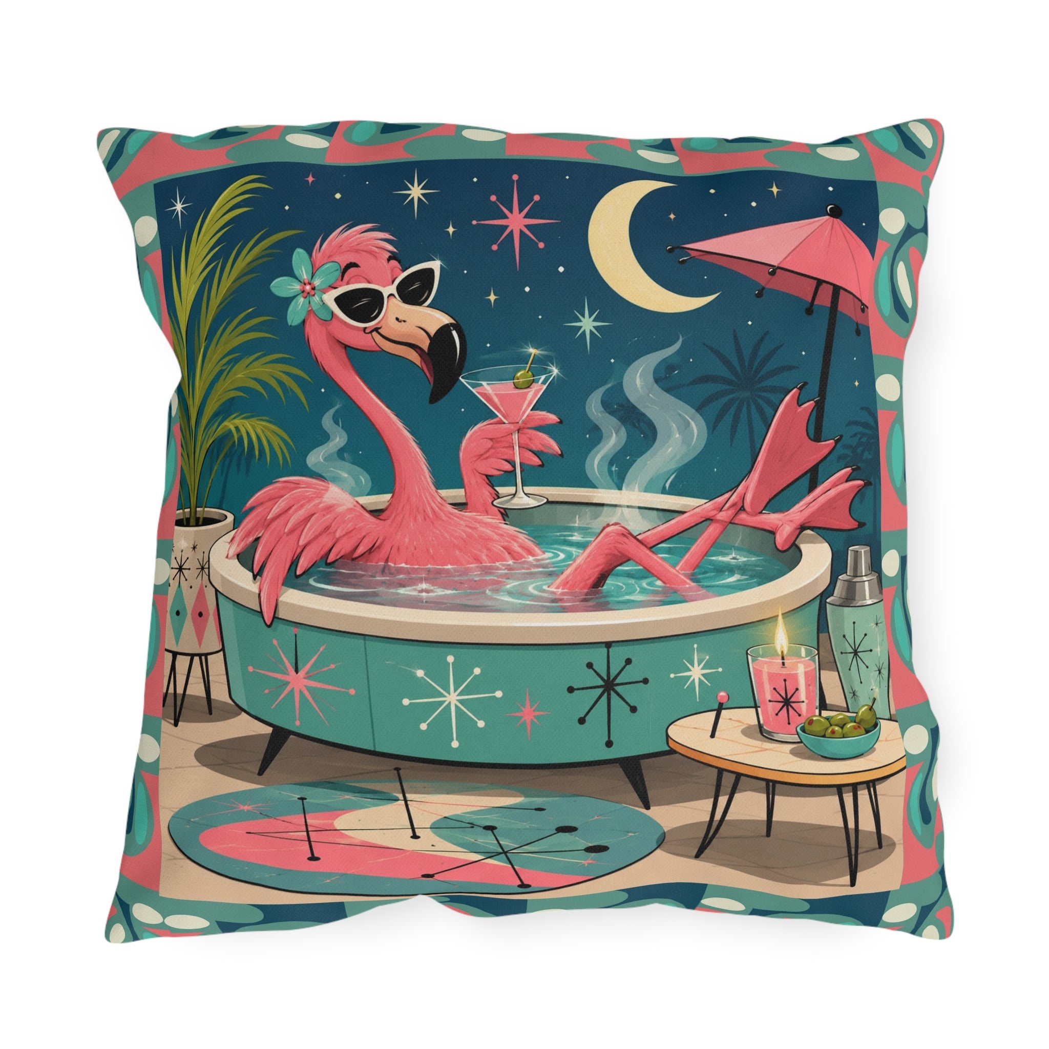 Retro Flamingo in Hot Tub Outdoor Pillow | Mid Century Tropical Patio Decor