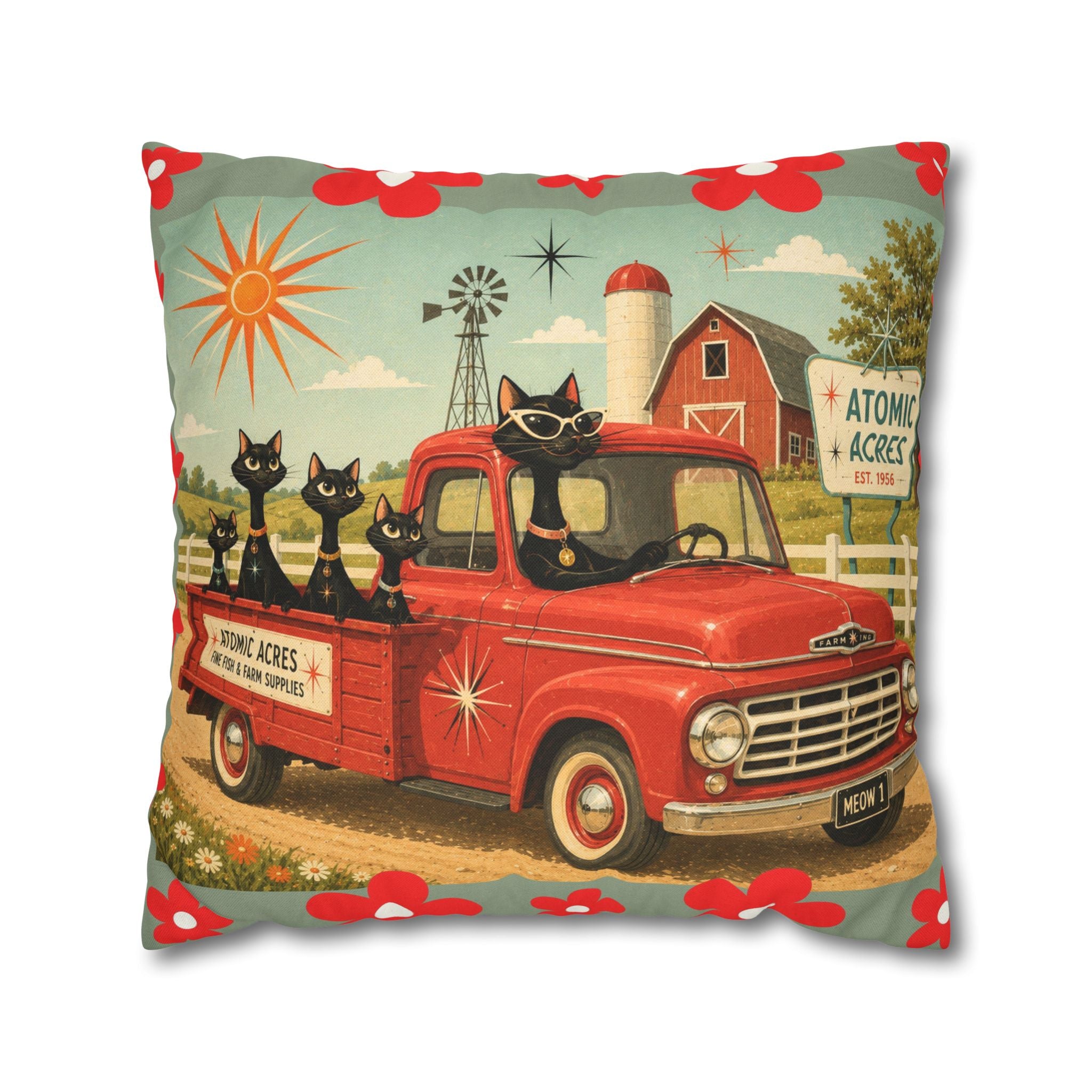Retro Red Truck with Atomic Black Cats and kittens Pillowcase | MCM Square Pillowcase - COVER ONLY