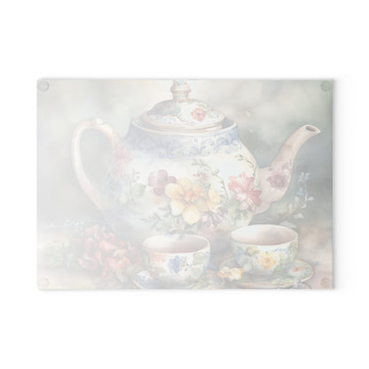 Vintage Charm Glass Cutting Board with Tea Pot and Floral Design