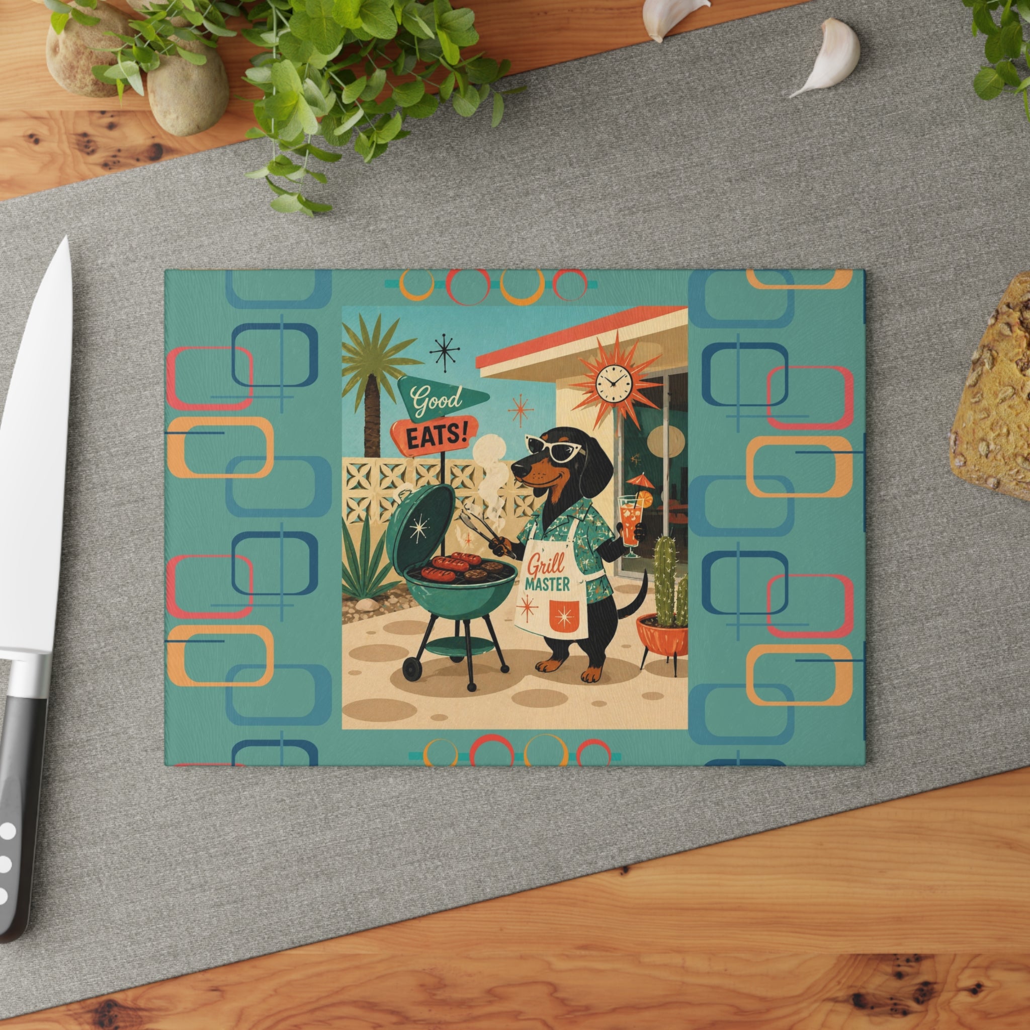 Retro Dachshund BBQ Glass Cutting Board | Mid Century Grill Dog Kitchen Decor