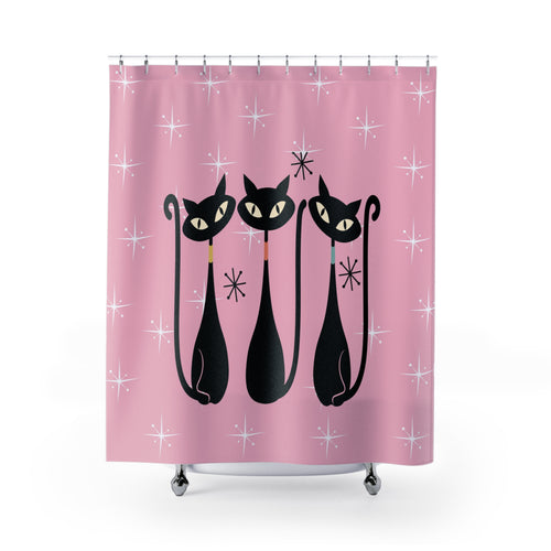 Atomic cat starburst pink Shower Curtain, retro bathroom, 50s 60s decor, black cat lover gift, cute bathtub or stall, Mid Century
