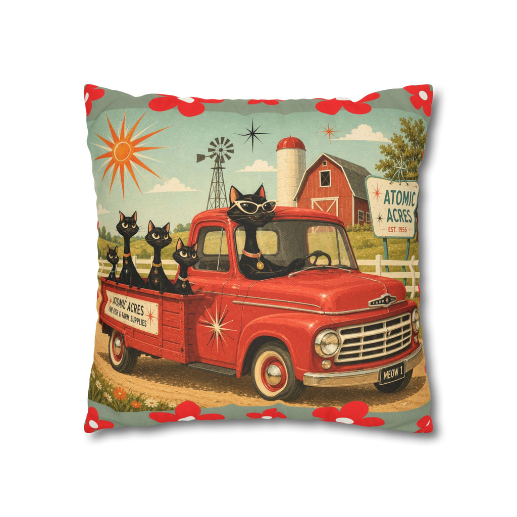 Retro Red Truck with Atomic Black Cats and kittens Pillowcase | MCM Square Pillowcase - COVER ONLY