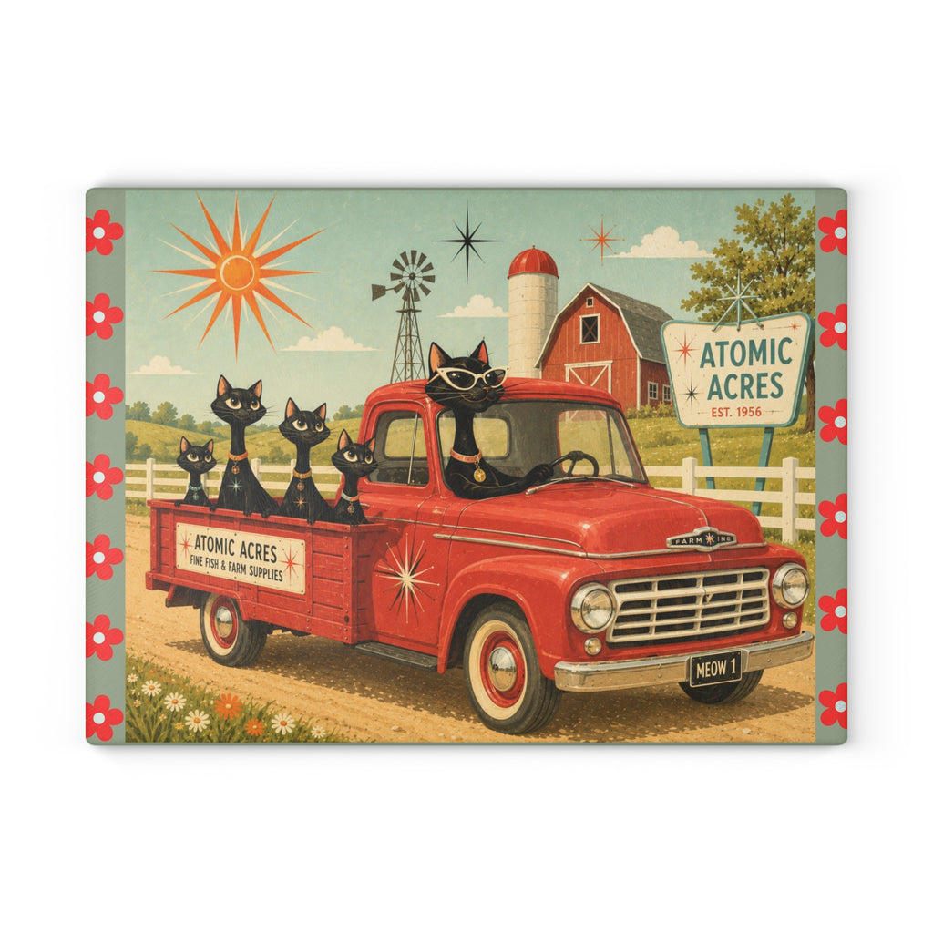 Retro Atomic Black Cats on Red Truck Glass Cutting Board | MCM Atomic Acres Farm