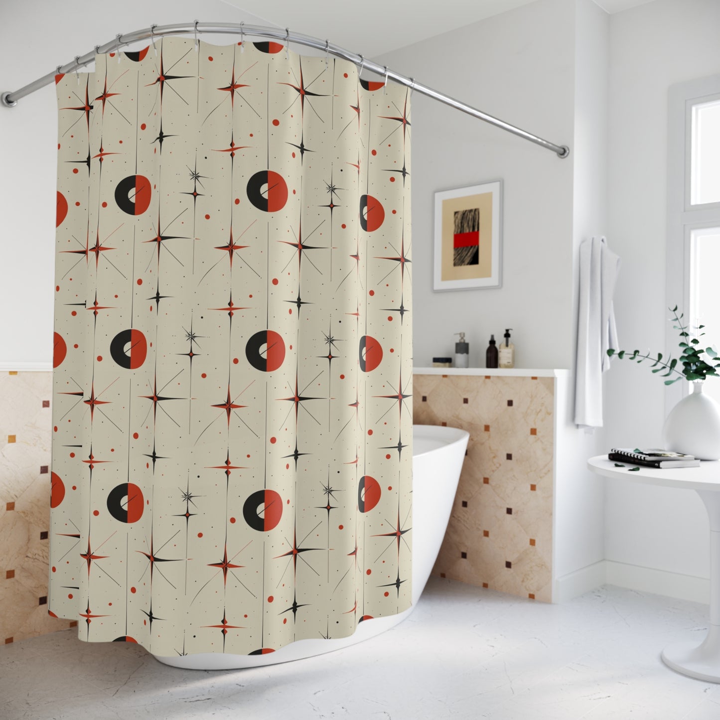 Mid century modern stars and circles retro shower curtain, MCM bathroom decor