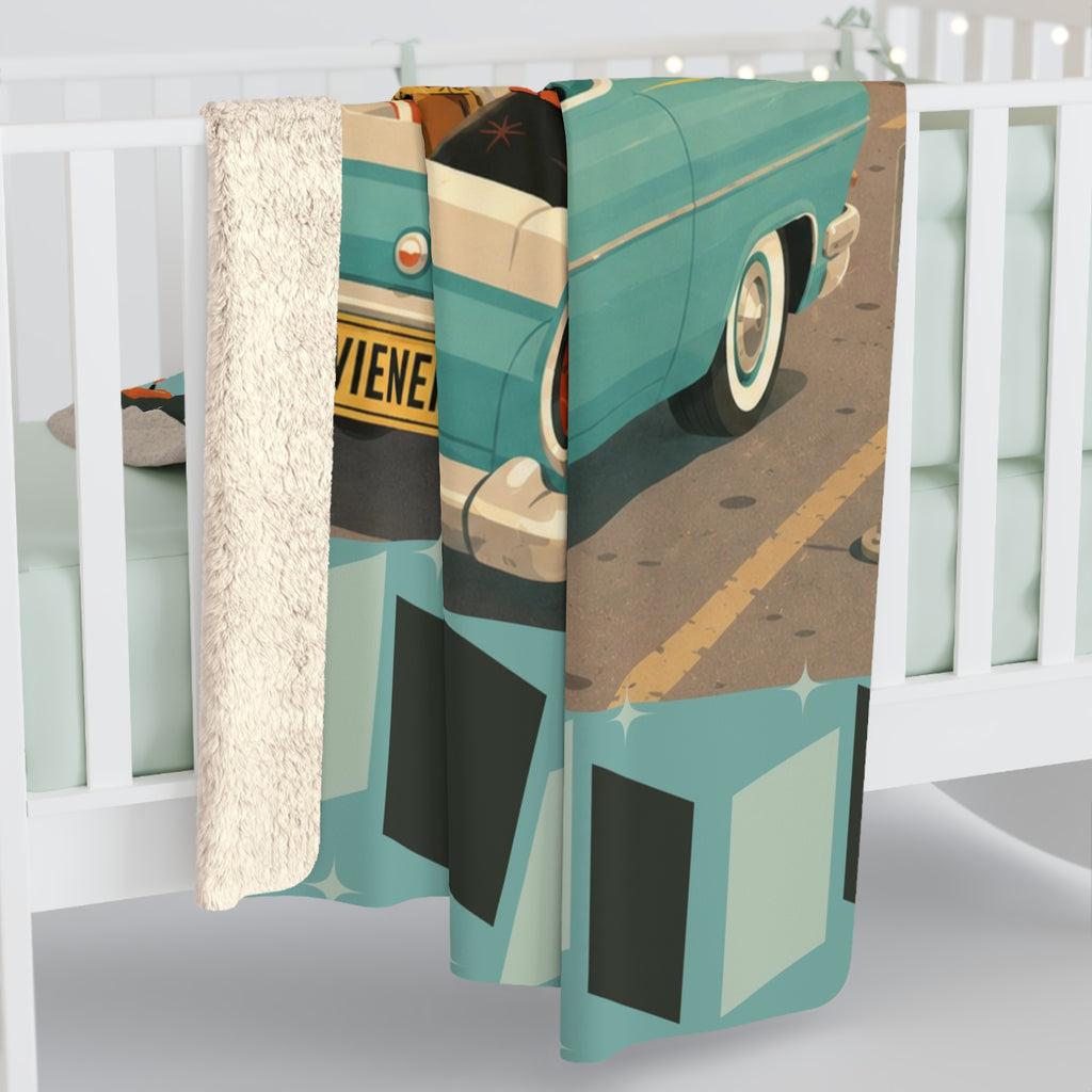 Drive-In Dachshund Dogs Sherpa Fleece Blanket | Retro Movie Night, Vintage 1950s Car & Canine