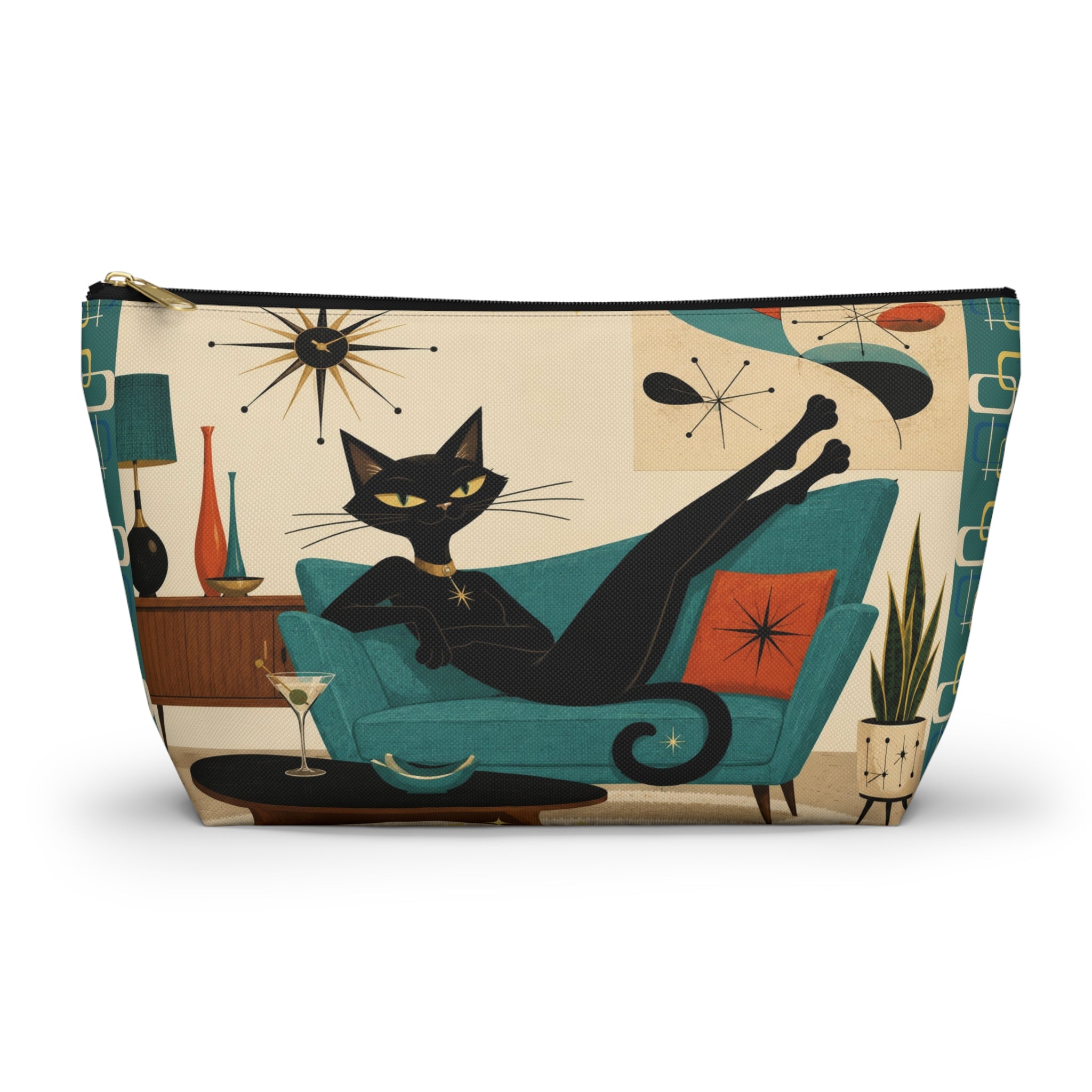 Mid Century Atomic Black Cat Lounge Accessory Pouch | T-Bottom Cosmetic Bag