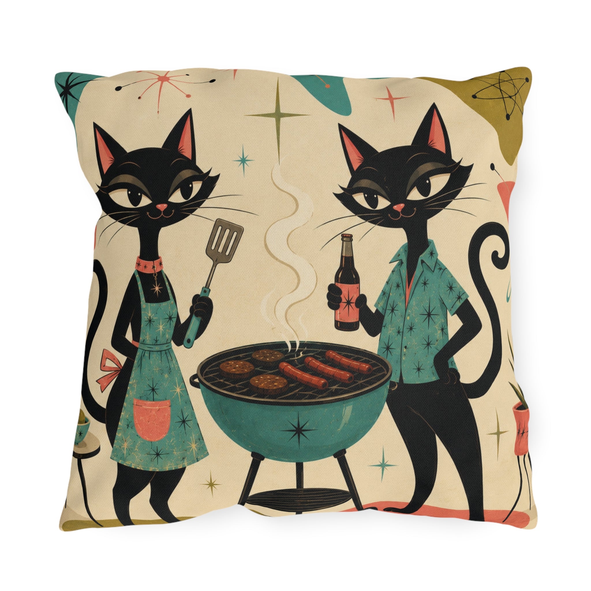 Retro Atomic Black Cats BBQ Outdoor Pillow | Mid Century Modern Cat Grill Decorative Cushion