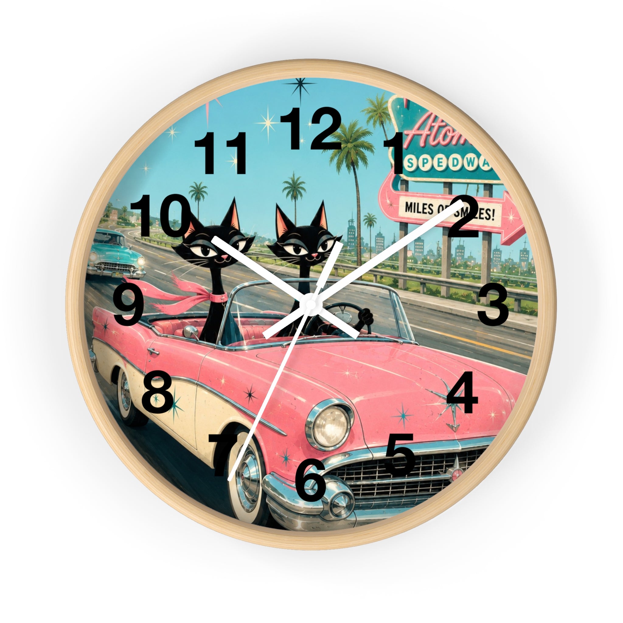 Retro Atomic Cat Roadtrip Wall Clock | Vintage Pink Convertible, Palm Trees