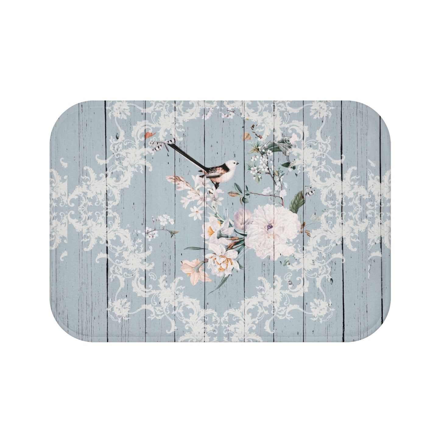 Shabby Chic Blue printed wood look Bath Mat with Birds and Blossoms, vintage inspired, floral bathroom decor