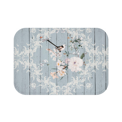 Shabby Chic Blue printed wood look Bath Mat with Birds and Blossoms, vintage inspired, floral bathroom decor