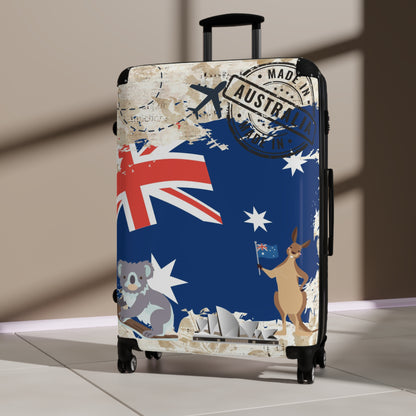 Made in Australia Suitcase with wheels, roller travel luggage, carry on bag, secure lockable holiday case