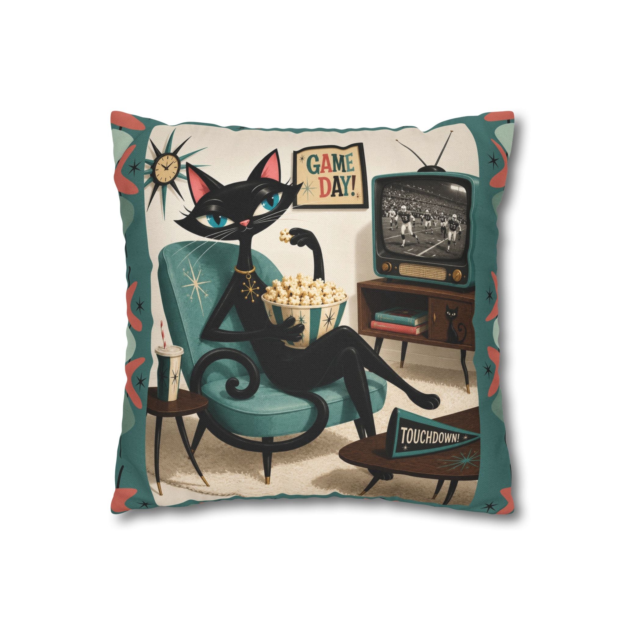 Retro Atomic Black Cat Watching Football Pillowcase | MCM Square Throw Pillowcase - Indoor use
