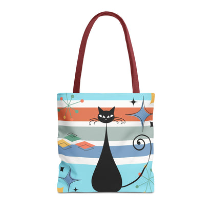 Atomic cat retro tote bag, black cat lover, mid century modern tote carry bag