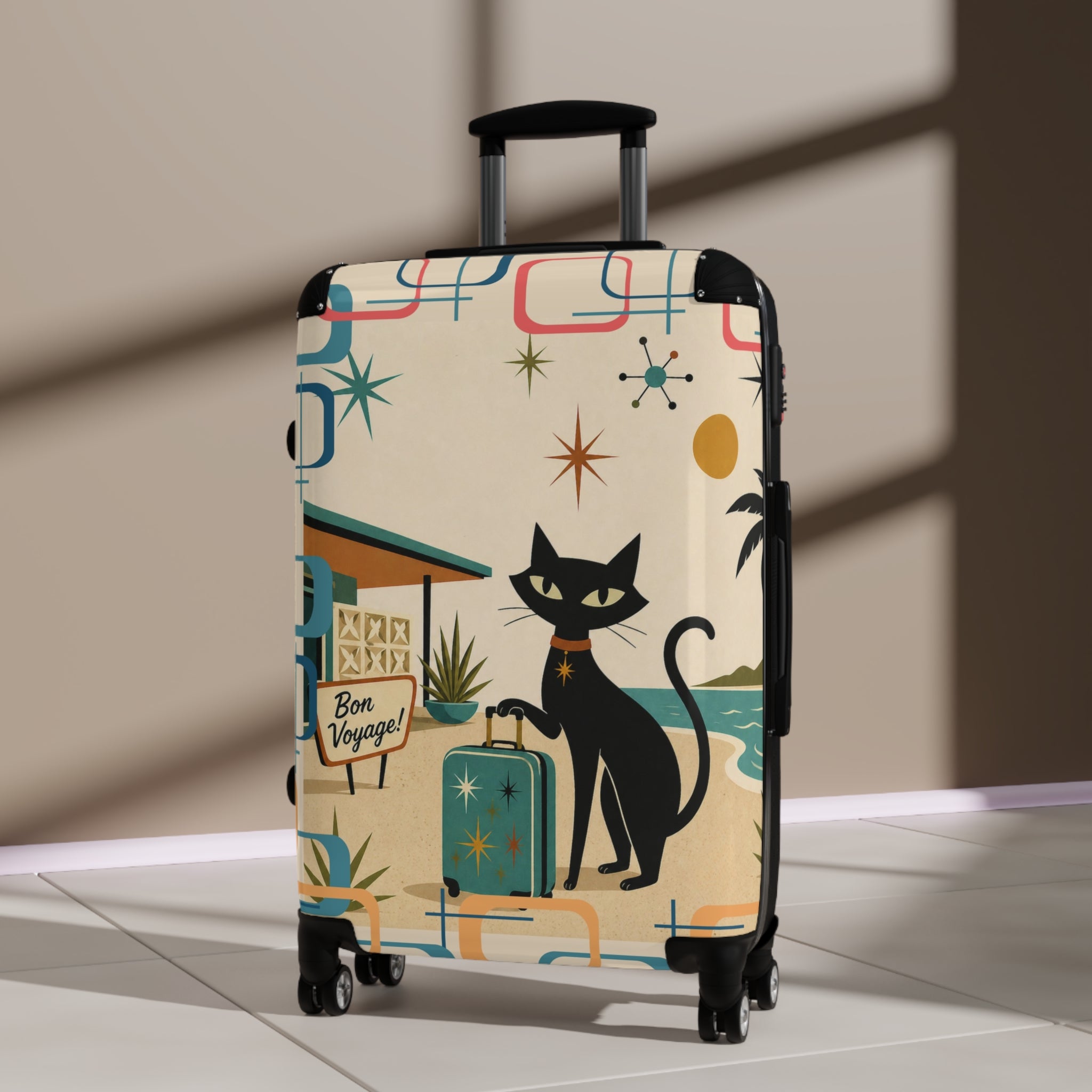 Retro Black Atomic Cat Beach Suitcase | Mid Century Travel Luggage