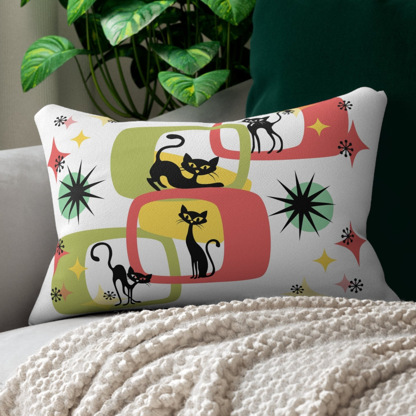 Atomic cat MCM Spun Polyester Lumbar Pillow, retro home decor, vintage inspired, Mid Century Modern, black cat lover gift