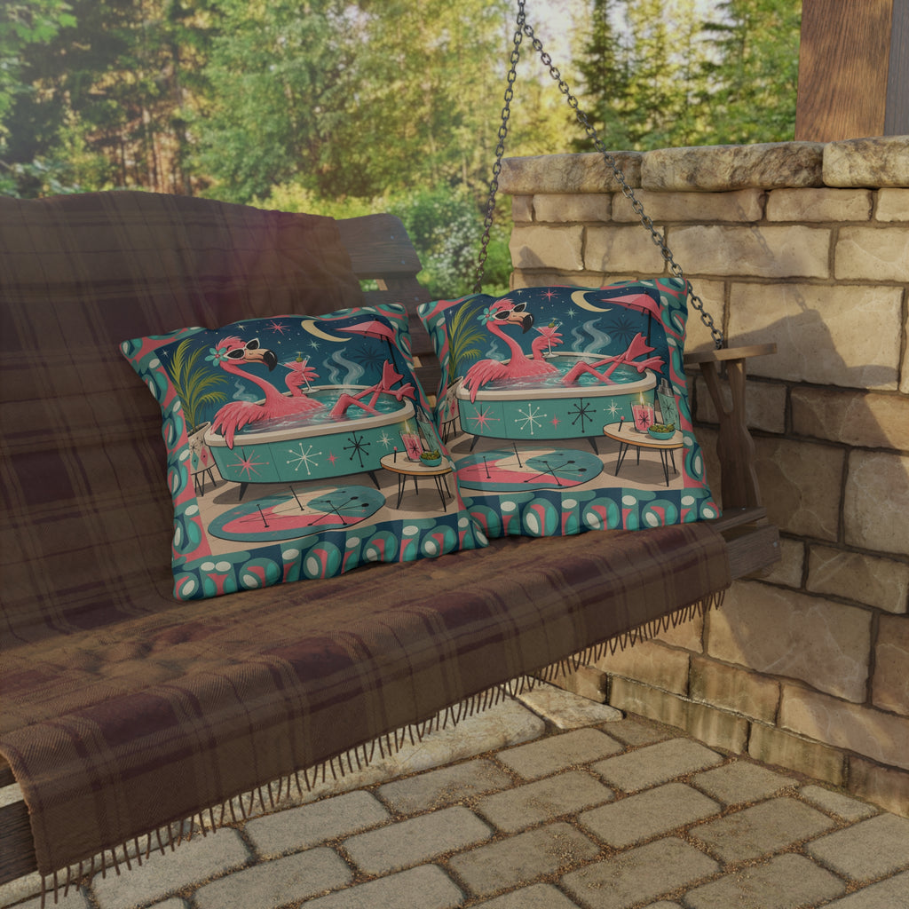 Retro Flamingo in Hot Tub Outdoor Pillow | Mid Century Tropical Patio Decor